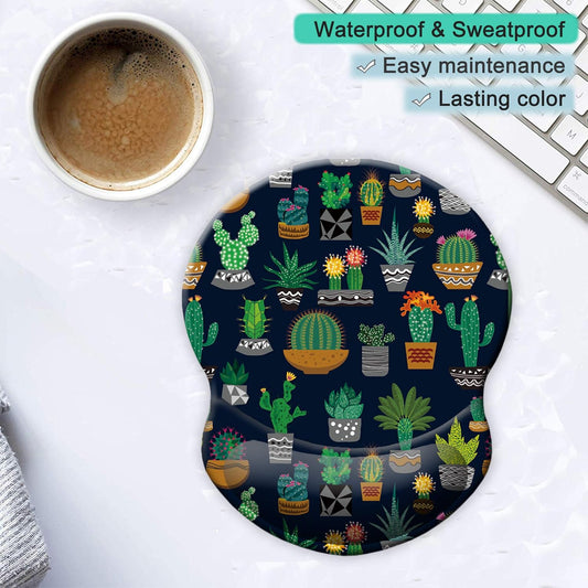 ITNRSIIET Ergonomic Mouse Pad with Gel Wrist Support Small Wrist Rest Smooth Surface Non-Slip PU Base Comfortable Office Supplies Pain Relief, 8.7 x 7.2 inches, Cute Cactus with Black Design