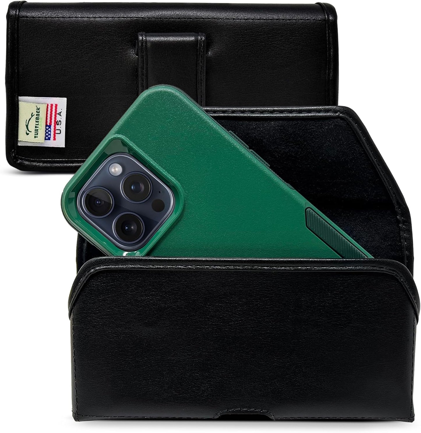 Turtleback Belt Holder for iPhone 16 Pro Max, 15 Pro Max, 14 Pro Max -Medium- Fits w/Shockproof Commuter Style Cases, Premium Black Leather Horizontal Case Magnetic Closure Leather Wrapped Clip