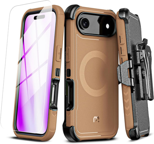 M MYBAT PRO for iPhone Air Case with Belt Clip Holster, [Compatible with Magsafe] w/Screen Protector, Anti-Drop, Shockproof, w 360°Rotating Kickstand, Heavy Duty Protection (Brown)