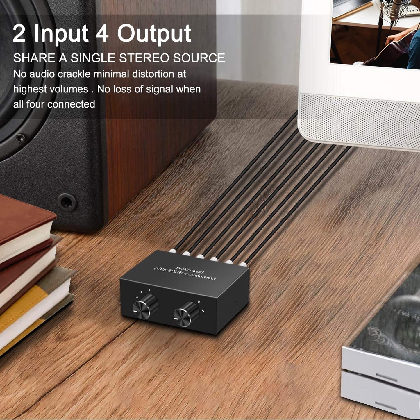 Y.D.F 4-Way Bi-Directional RCA Switch, HiFi AV L/R Sound Channel 2 in 4 Out or 4 in 2 Out, L/R Sound Channel Audio Switcher Splitter RCA Stereo Selector for DVD Stereo Speaker CD Player