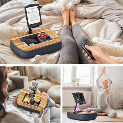 Lap Beanbag Tablet Pillow Stand,Adjustable iPad Holder with Snack Bowl,360° Rotating Clip for 4.7-13" Kindle,Phone,Tablet.Ideal for Hands-Free Reading and Relaxation on Bed,Couch,Recliner,Gray