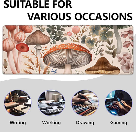 Botanical Mushroom Large Mouse Pad, Gaming Mouse Pad, Keyboard Mat, Non-Slip Rubber Base, Office Accessories, Desk Mat, MousePads for School, Work, Home Decor Gifts 31.5" x 11.8"