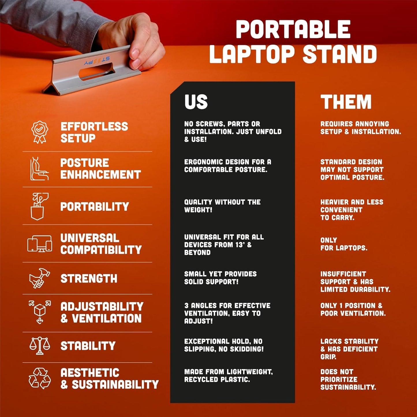 Steepy Laptop Stand for Desk – Adjustable Height, Foldable & Portable Laptop Holder – Ergonomic Computer Stand for Cooling & Comfort – Slip-Proof, Sturdy Design – Universal Fit for 13-17 Inch Devices