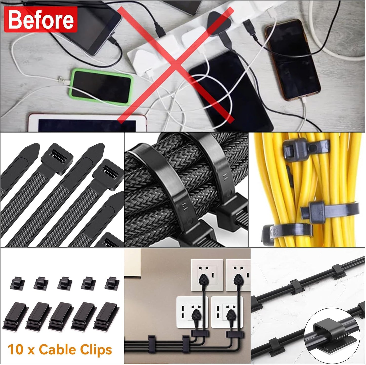 Cable Management Box 3 Pack with 125PCS Cable Management Kit for Power Strip to Hide Wires,Cord Organizer Boxes,Safe ABS Material Wire Organizer of Cable Clips Sleeve