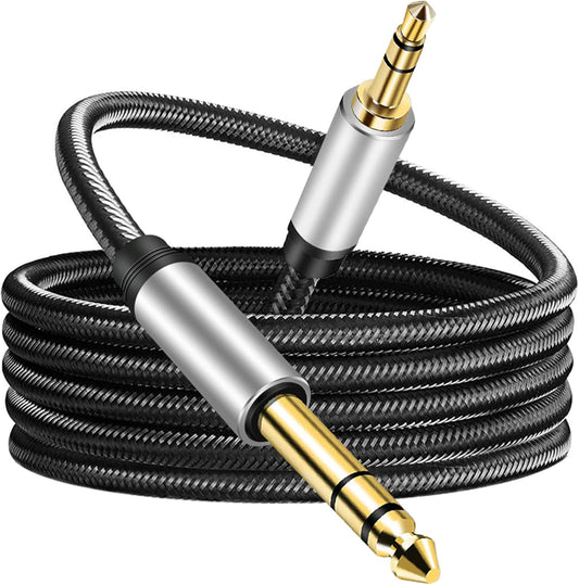 3.5 mm to 6.35 mm Audio Cable 3Ft, Gold-Plated Terminal Silver Color Zinc Alloy Housing 3.5mm 1/8" Male TRS to 6.35mm 1/4" Male TRS Nylon Braided Stereo Audio Cable for Cellphone, Amplifiers(3Ft/1M)