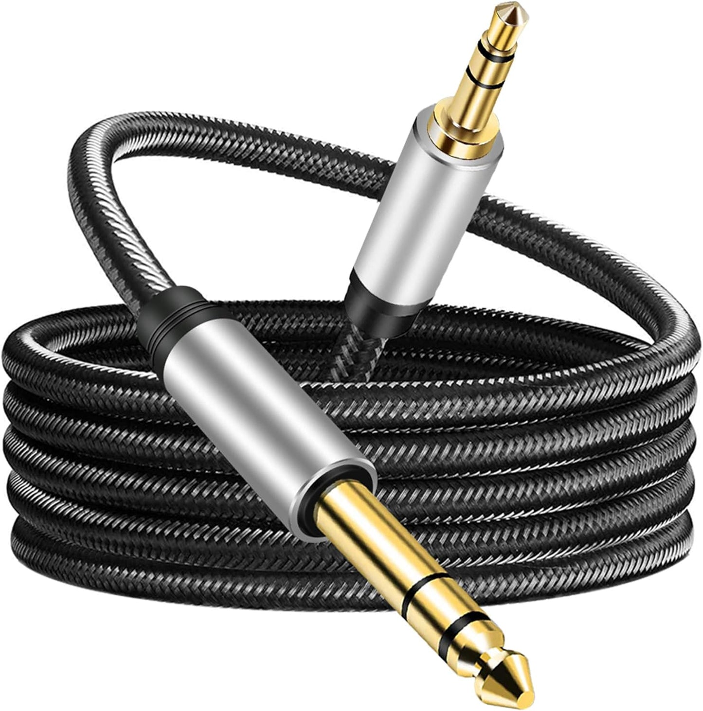 3.5 mm to 6.35 mm Audio Cable 15Ft, Gold-Plated Terminal Silver Color Zinc Alloy Housing 3.5mm 1/8" Male TRS to 6.35mm 1/4" Male TRS Nylon Braided Stereo Audio Cable for Cellphone, Amplifiers(15Ft/5M)