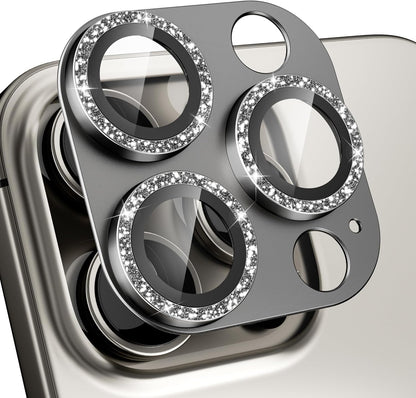beuxece Compatible for iPhone 16 Pro/iPhone 16 Pro Max Camera Lens Protector, Bling Metal Tempered Glass Camera Screen Cover Accessories [Strong Adsorption][Case-Friendly]- Glitter Titanium Natural