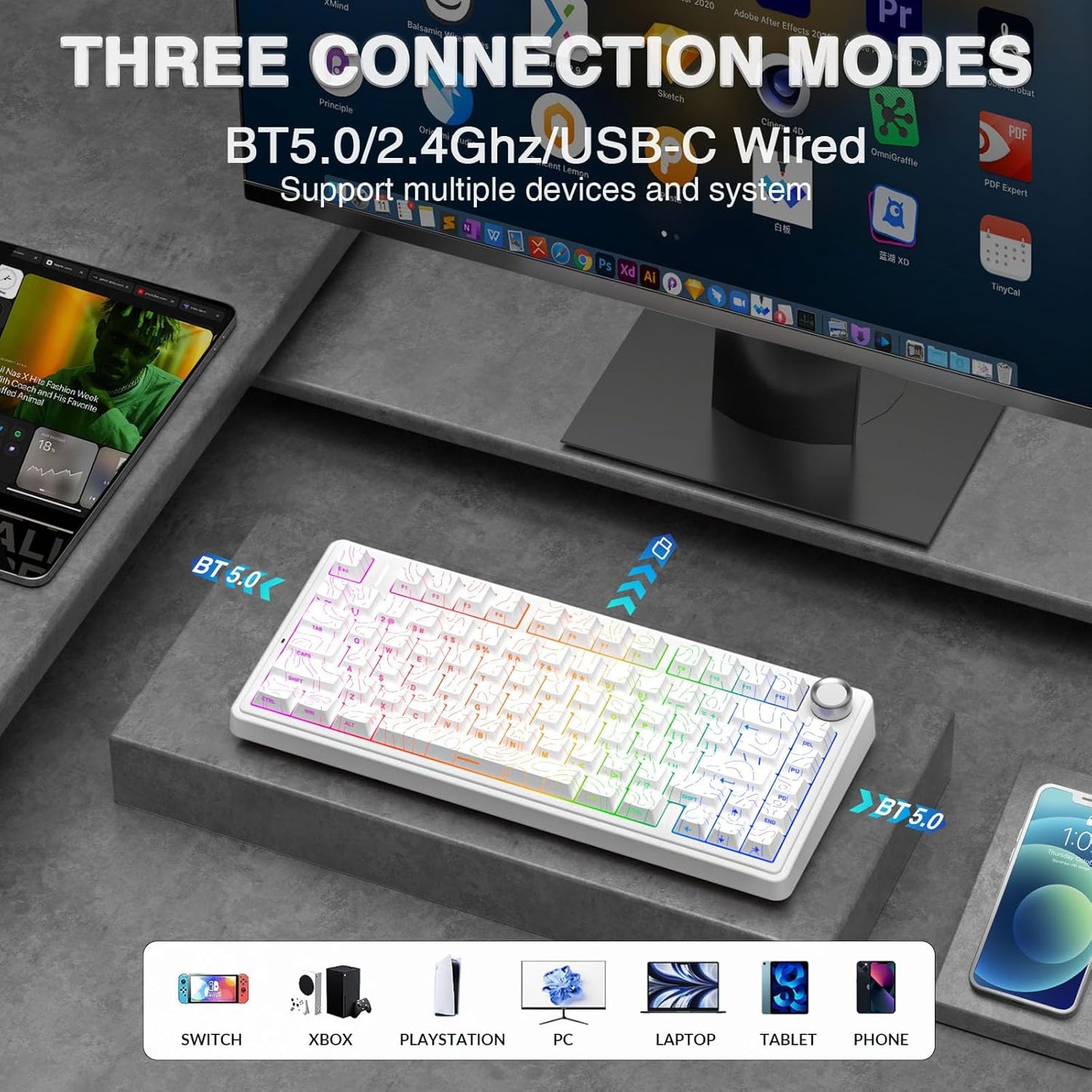 AULA F75 Pro Wireless Mechanical Keyboard with Knob,75% Hot Swappable Custom Gaming Keyboards,RGB Backlit,Pre-lubed Switches,Side Printed PBT Keycaps Creamy Sounding Computer Keyboard, Line White