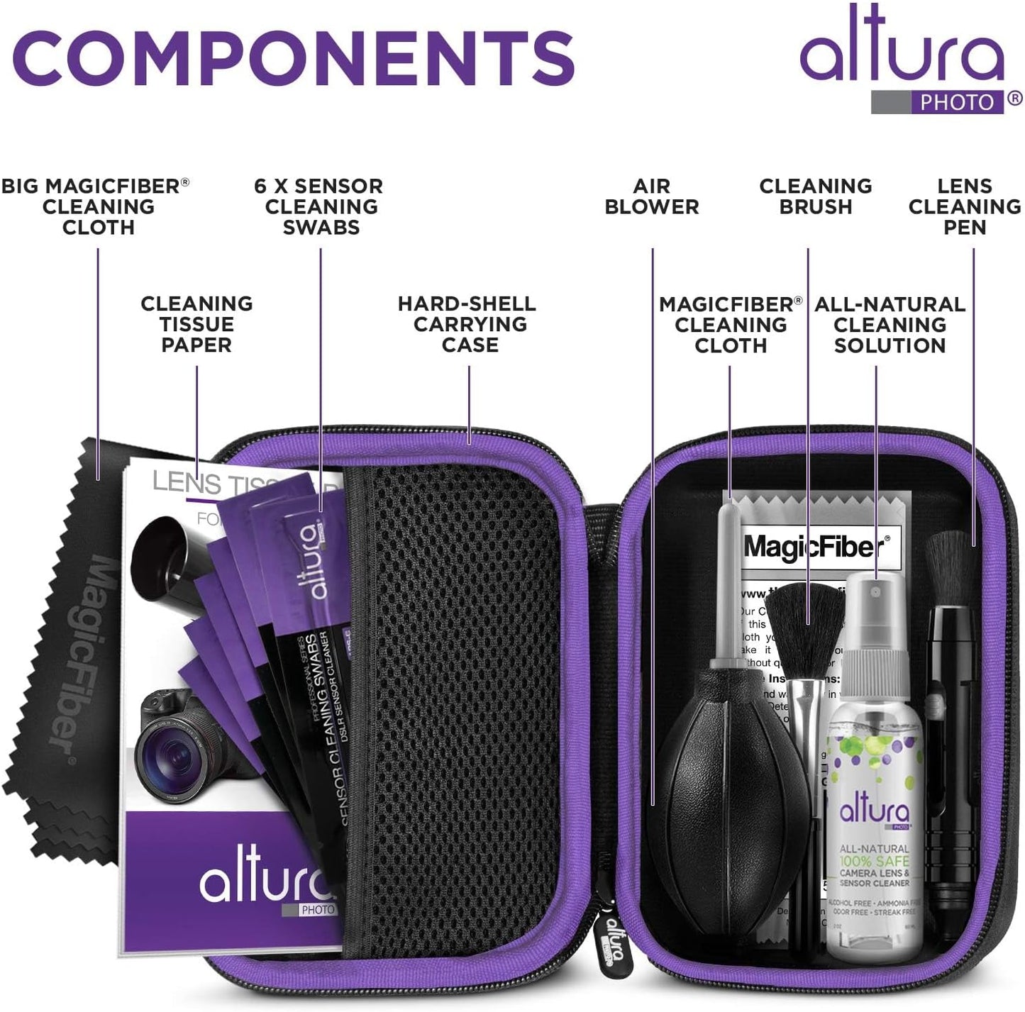 Altura Photo Professional Camera Cleaning Kit for APS-C DSLR & Mirrorless Cameras - Lens and Sensor Cleaner - Includes Case, Spray, Swabs, Blower, Brush, Tissue Paper