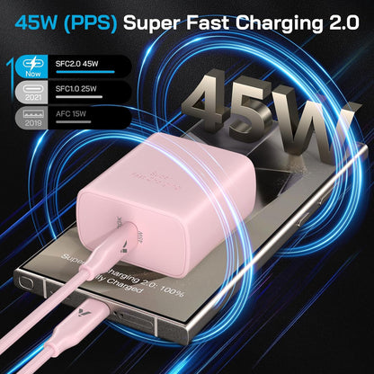 45W Super Fast Charger USB C, 45 Watt Type-C Android Phone Charger Fast Charging Block with 6.6FT Type C Cords for Samsung Galaxy S25 Ultra/S24 Ultra/S24+/S23 Ultra/S22 Plus/S20, Tab S9/S8 Ultra(Pink)