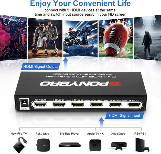 HDMI 2.0 Switch 5 Port 4K@60Hz Auto-Switching – 5 in 1 Out with Remote, HDR10, 3D, Ultra HD for PS5/Xbox/PC/Fire TV, Zero Delay