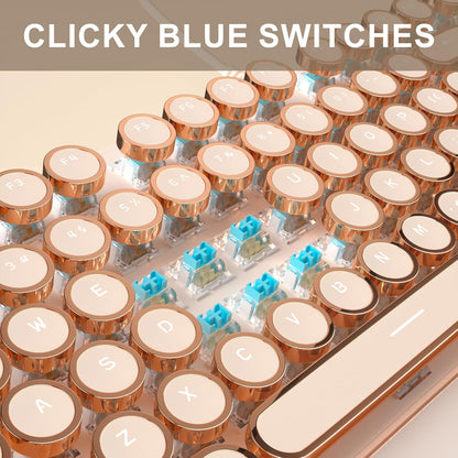 MageGee Typewriter Mechanical Gaming Keyboard, Retro Punk Creamy Round Keycaps, 104 Keys LED White Backlit Wired Keyboards for Laptop MAC PC Gamer, with Magnetic Wrist Rest, Blue Switch