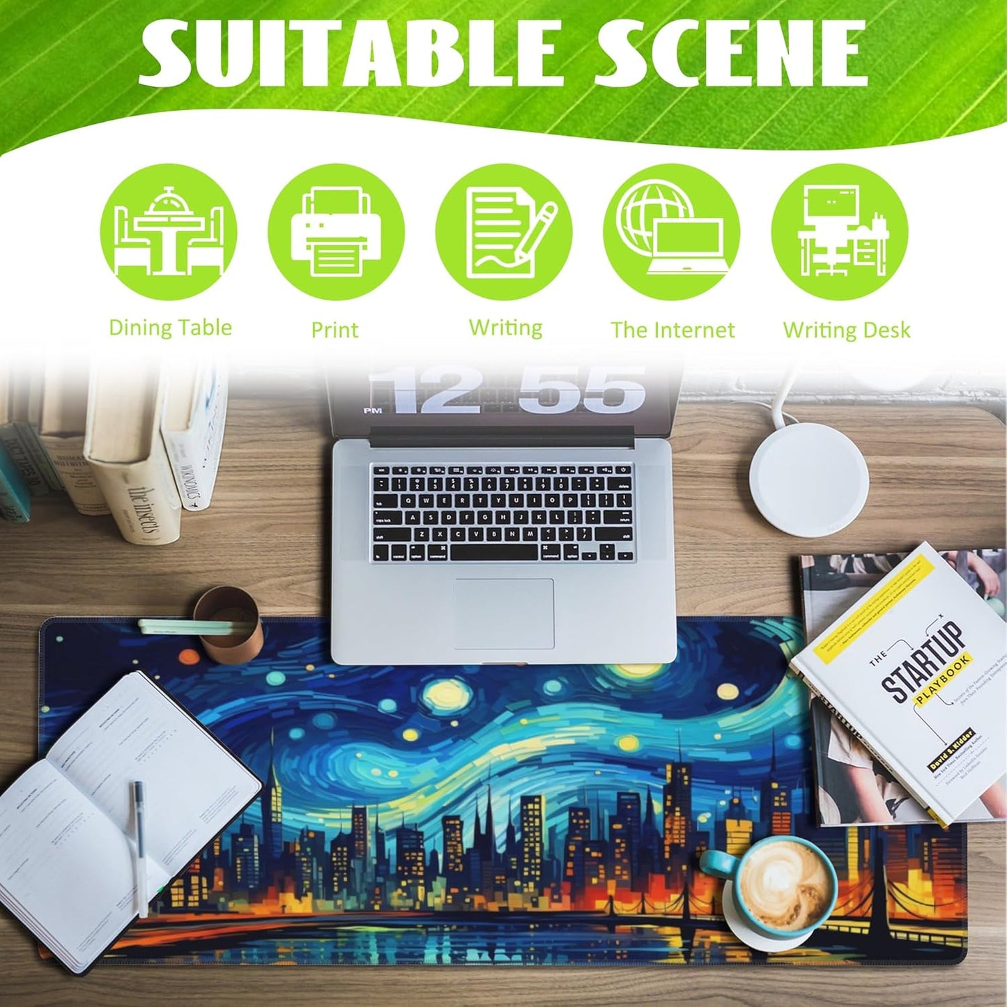 Desk Pad,City Starry Night Desk Mat,Abstract Oil Painting Large Gaming Mouse Pad for Desk,Extended Big Computer Keyboard Mouse Pad with Non-Slip Base and Stitched Edge,31.5"x11.8"