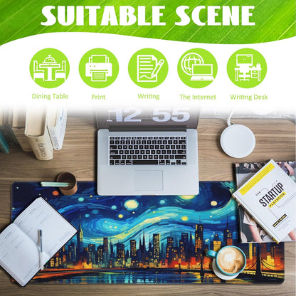 Desk Pad,City Starry Night Desk Mat,Abstract Oil Painting Large Gaming Mouse Pad for Desk,Extended Big Computer Keyboard Mouse Pad with Non-Slip Base and Stitched Edge,31.5"x11.8"
