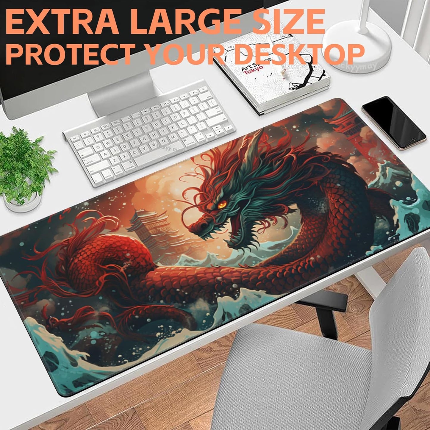 Mouse Pad Large Chinese Traditional Dragon Non-Slip Gaming Desk Mat with Stitched Edge Laptop Keyboard Desk Pad for Work Home Gaming (35.4 x 15.7 Inches)