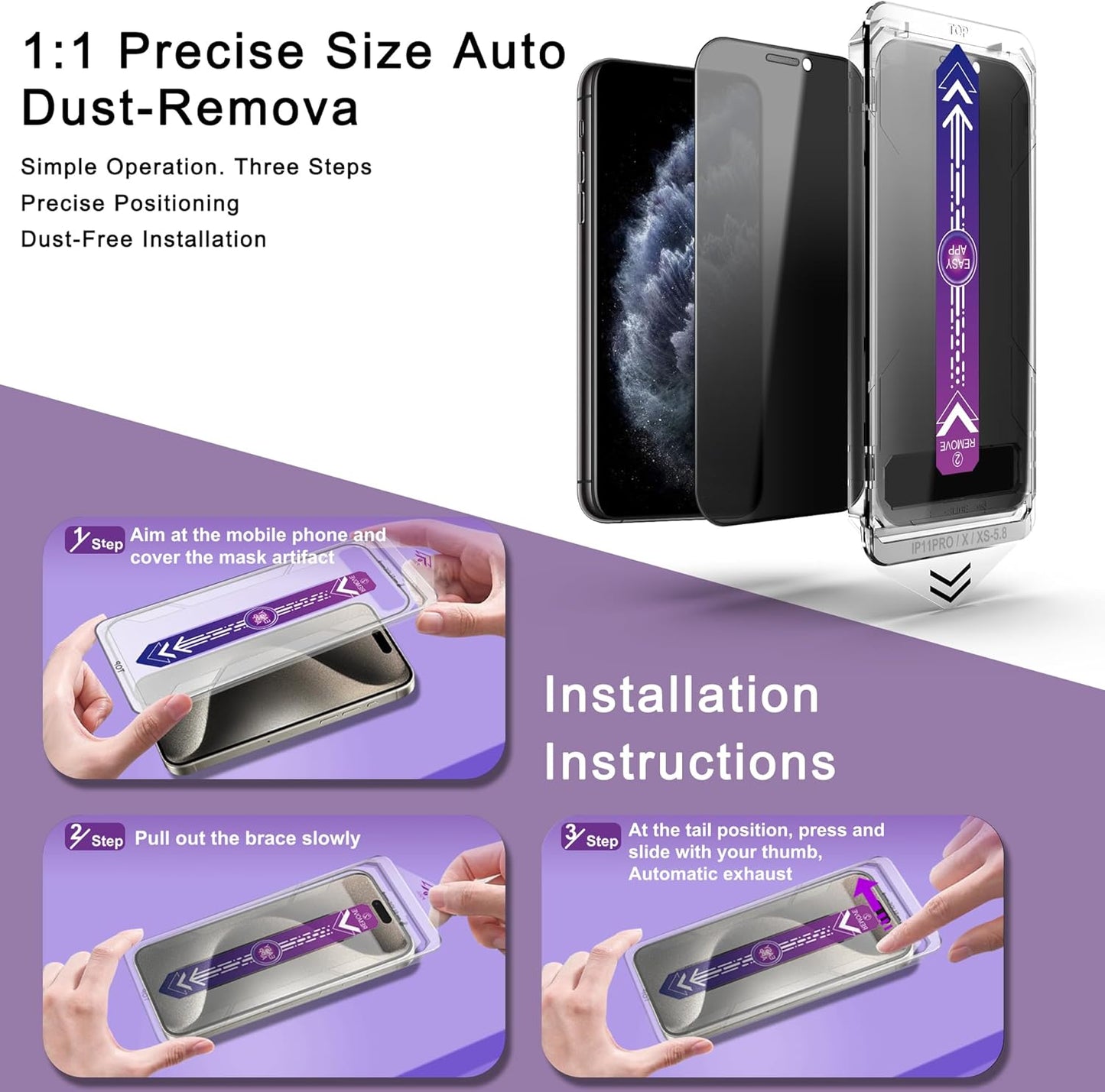 2 Pack Privacy Screen Protector for iPhone X/iPhone XS/iPhone 11 Pro, 9H Tempered Glass, Full Coverage, Anti-Fingerprint, Auto Dust-Elimination, No Bubble, Easy Installation