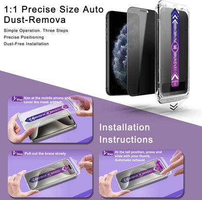 2 Pack Privacy Screen Protector for iPhone X/iPhone XS/iPhone 11 Pro, 9H Tempered Glass, Full Coverage, Anti-Fingerprint, Auto Dust-Elimination, No Bubble, Easy Installation