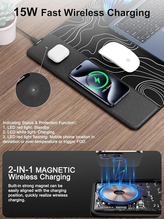 TopMade Mouse Pad with 15W Fast Wireless Charging, 31.5"x15.75" XXL Large Gaming Waterproof Desk Pad with Ultra-Smooth Surface, Non-Slip Base, Computer Desk Mat, Black Topographic Map #2