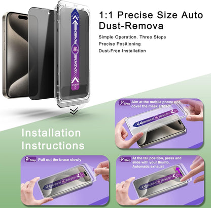 2 Pack Privacy Screen Protector for iPhone 15 Pro Max 6.7-Inch Auto Dust Removal, No Bubbles,Anti-Spy Tempered Glass Film, Easy Installation
