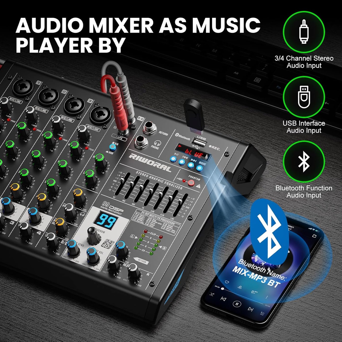 6 Channel Audio Interface Dj Mixer Soundboard Console 99 Dsp Reverb Delay Effect USB Bluetooth Studio Audio Mixer +48V Phantom Bluetooth for Karaoke Streaming Recording, Live Broadcast