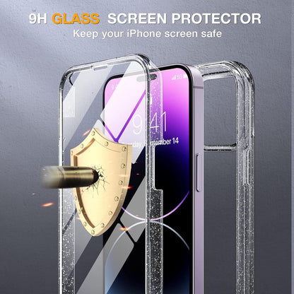 Miracase Glass Series Designed for iPhone 14 Pro Max Case 6.7 Inch, Upgrade Full-Body Bumper Case with Built-in 9H Tempered Glass Screen Protector, with Camera Lens Protector, Glitter Clear