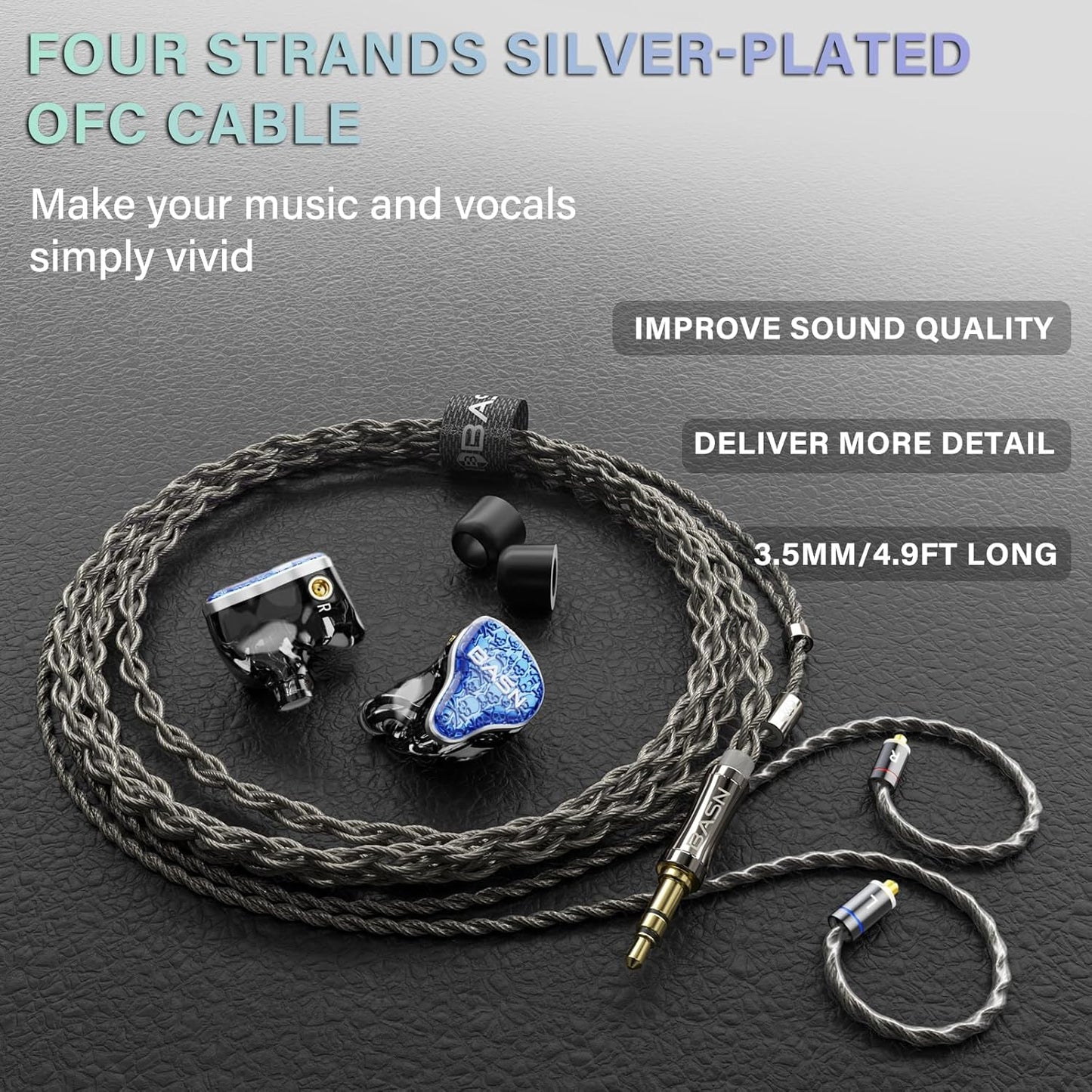 BASN Bmaster5 in Ear Monitors, 5 Drivers Drummer Headphones with Powerful Bass, Noise Isolation IEM Earbuds with Detachable MMCX Sliver-Plated OFC Cable for Musicians (Sapphire Blue, MMCX)