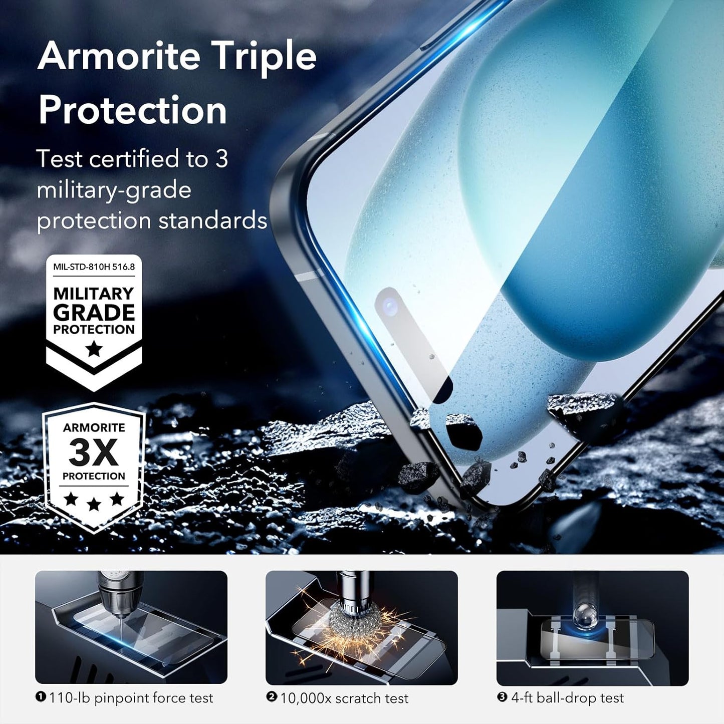 ESR 3+1 Pack for iPhone 15 Plus Screen Protector, [9H Hardness] [Military Grade Shatterproof] Full Coverage Ultra-tough Tempered Glass Film with Easy Installation Frame, 1 Set of Camera Lens Protector