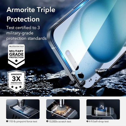 ESR 3+1 Pack for iPhone 15 Plus Screen Protector, [9H Hardness] [Military Grade Shatterproof] Full Coverage Ultra-tough Tempered Glass Film with Easy Installation Frame, 1 Set of Camera Lens Protector