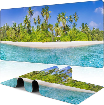 Tropical Nature Landscape Desk Mat,Large Summer Beach Seawater and Palm Trees Gaming Keyboard Mouse Pad,Non-Slip Rubber Base Desk Pad Thick Stitched Edges Waterproof Mousepad Mouse Mat 31.5"x11.8"