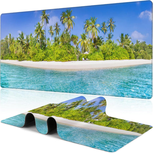 Tropical Nature Landscape Desk Mat,Large Summer Beach Seawater and Palm Trees Gaming Keyboard Mouse Pad,Non-Slip Rubber Base Desk Pad Thick Stitched Edges Waterproof Mousepad Mouse Mat 31.5"x11.8"
