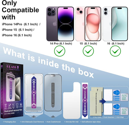2 Pack Matte Screen Protector for iPhone 16 and 14 Pro 6.1-Inch Auto Dust Removal, No Bubbles, Tempered Glass Film, Easy Installation