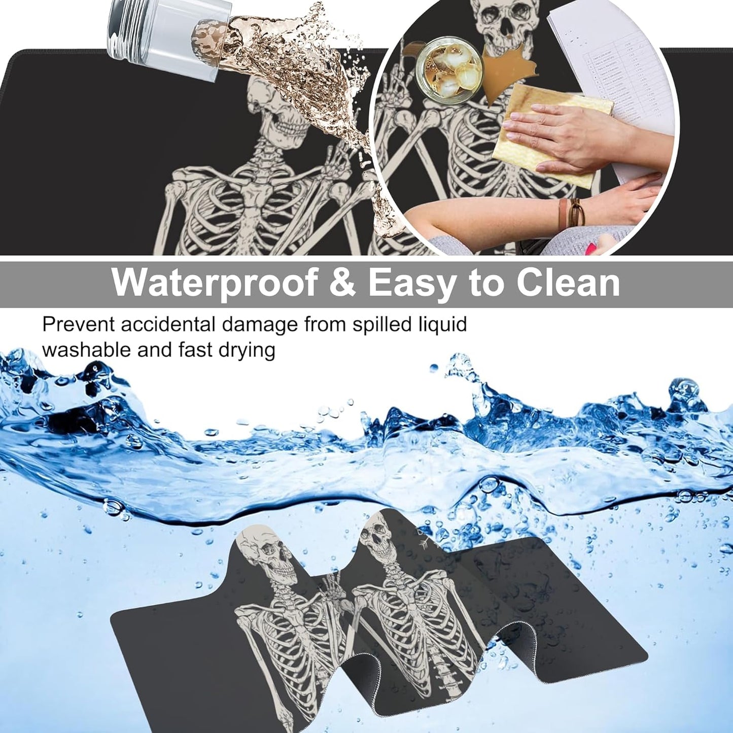 Human Skeletons Best Friends Desk Mat,Large Gothic Human Skeleton Gaming Keyboard Mouse Pad,Non-Slip Rubber Base Desk Pad Thick Stitched Edges Waterproof Mousepad Mouse Mat 31.5"x11.8"