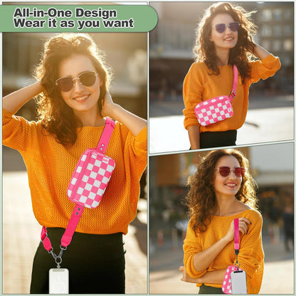 Clip and Go Strap for Phone with Wallet Crossbody, Adjustable Phone Lanyard with Detachable RFID Wristlet Wallet, Phone Strap with Phone Tabs for All Phones, Pink Checkered (M)