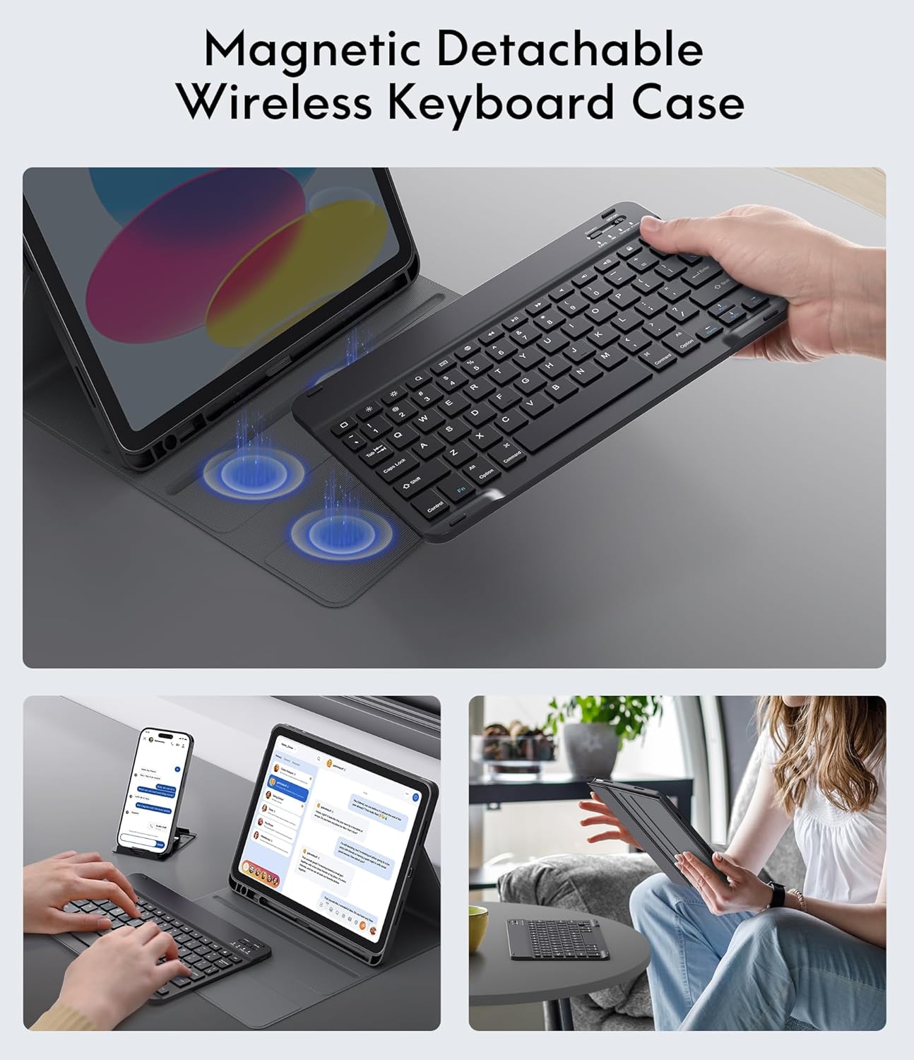 CHESONA Keyboard Case for iPad (A16) 11th/10th Generation (2025/2022), Detachable Wireless Keyboard, Stand Folio Keyboard Cover with Pencil Holder, Thin & Light (Black)