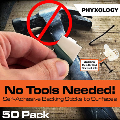 Pro-Grade, Adhesive-Backed Cable Straps 50 Pack. High-Strength, White Clamps for Electrical Wire Management and Organization. Tool-Free Installation for Home Or Office. Screw-Mount for Permanent Hold