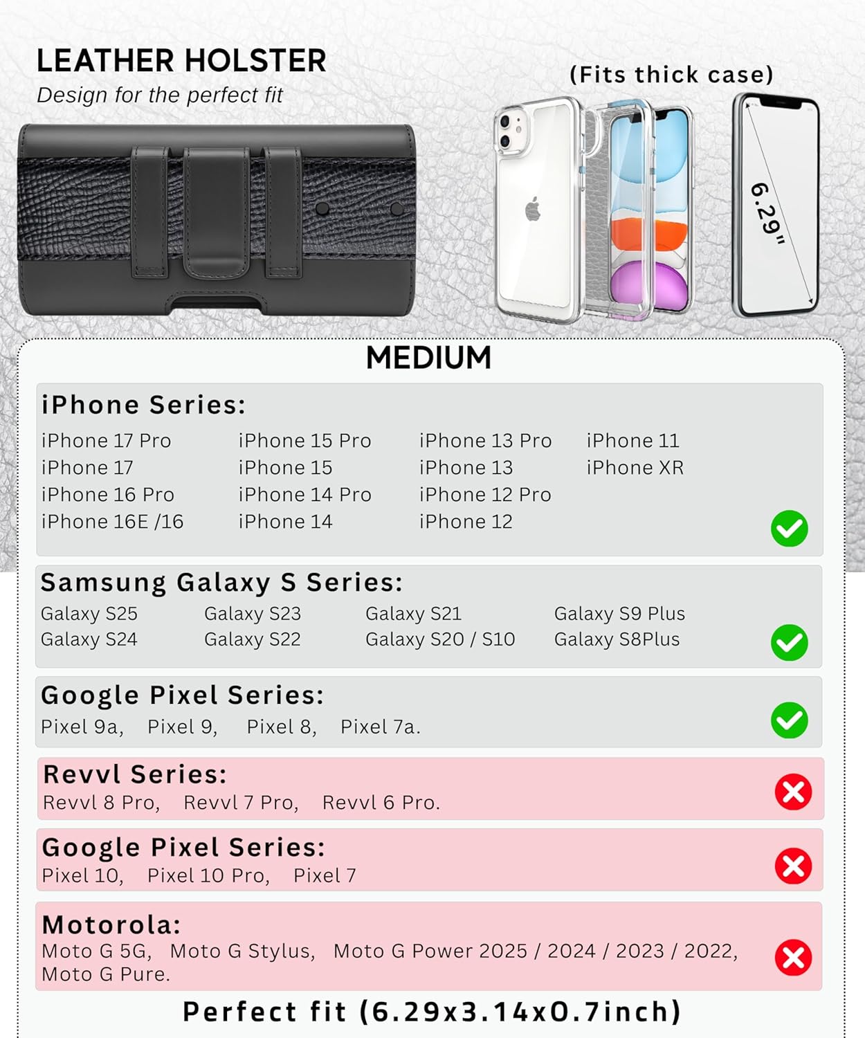 Leather Phone Holster for Men, Horizontal Cell Phone Case, Fits iPhone 17/17 Pro 16/16 Pro 16e 15/15 Pro 14/14 Pro 13/13 Pro 12/12 Pro 11 XR, Belt Clip Phone Pouch Holder, Black Medium.