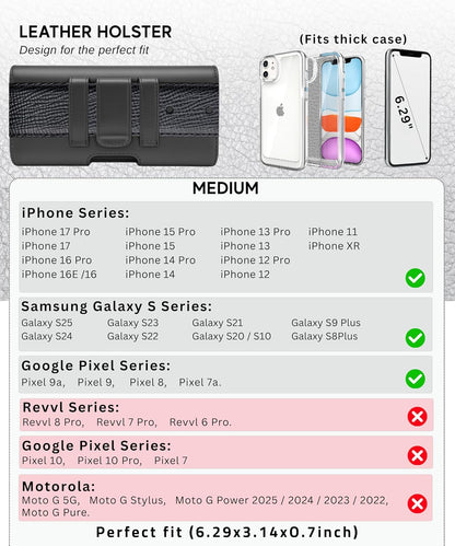 Leather Phone Holster for Men, Horizontal Cell Phone Case, Fits iPhone 17/17 Pro 16/16 Pro 16e 15/15 Pro 14/14 Pro 13/13 Pro 12/12 Pro 11 XR, Belt Clip Phone Pouch Holder, Black Medium.