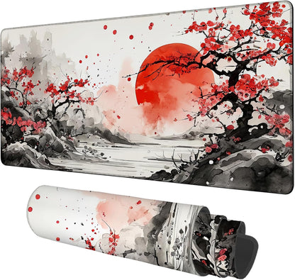 Large Mouse Pad Ink Painting Gaming Desk Pad Computer Keyboard Non-Slip Waterproof Mouse Mat with Rubber Base and Stitched Edges Entertainment Office Writing Desk Mat 35.4 x 15.7 Inches