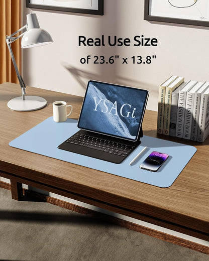 YSAGi Leather Desk Protector, Office Mat, Large Mouse Mat, Non-Slip PU Leather Blotter, Laptop Pad, Waterproof Writing Pad for Office and Home (Baby Blue, 23.6" x 13.8")