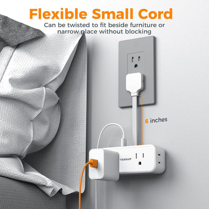 Small Extension Cord 6 inch, TESSAN Thin Flat Plug Power Strip with 4 AC Outlets 3 USB (1 USB C) Ports, Silm Charging Station Desk Organizers for Home Bedroom Hotel Office Desktop Accessories