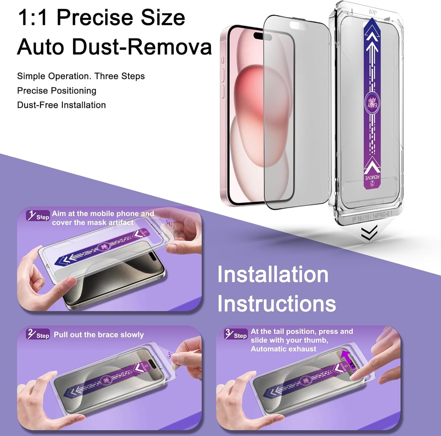 2 Pack Matte Screen Protector for iPhone 14 Pro/iPhone 15 / iPhone 16,9H Tempered Glass,Full Coverage,Anti-Fingerprint,Auto Dust-Elimination,No Bubble,Easy Installation