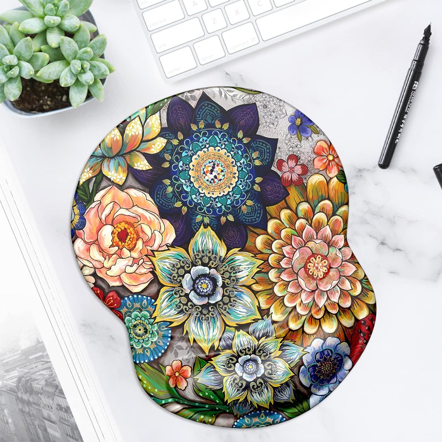 ITNRSIIET Ergonomic Mouse Pad with Gel Wrist Support Small Wrist Rest Smooth Surface Non-Slip PU Base Comfortable Office Supplies Pain Relief, 8.7 x 7.2 inches, Succulent Flower