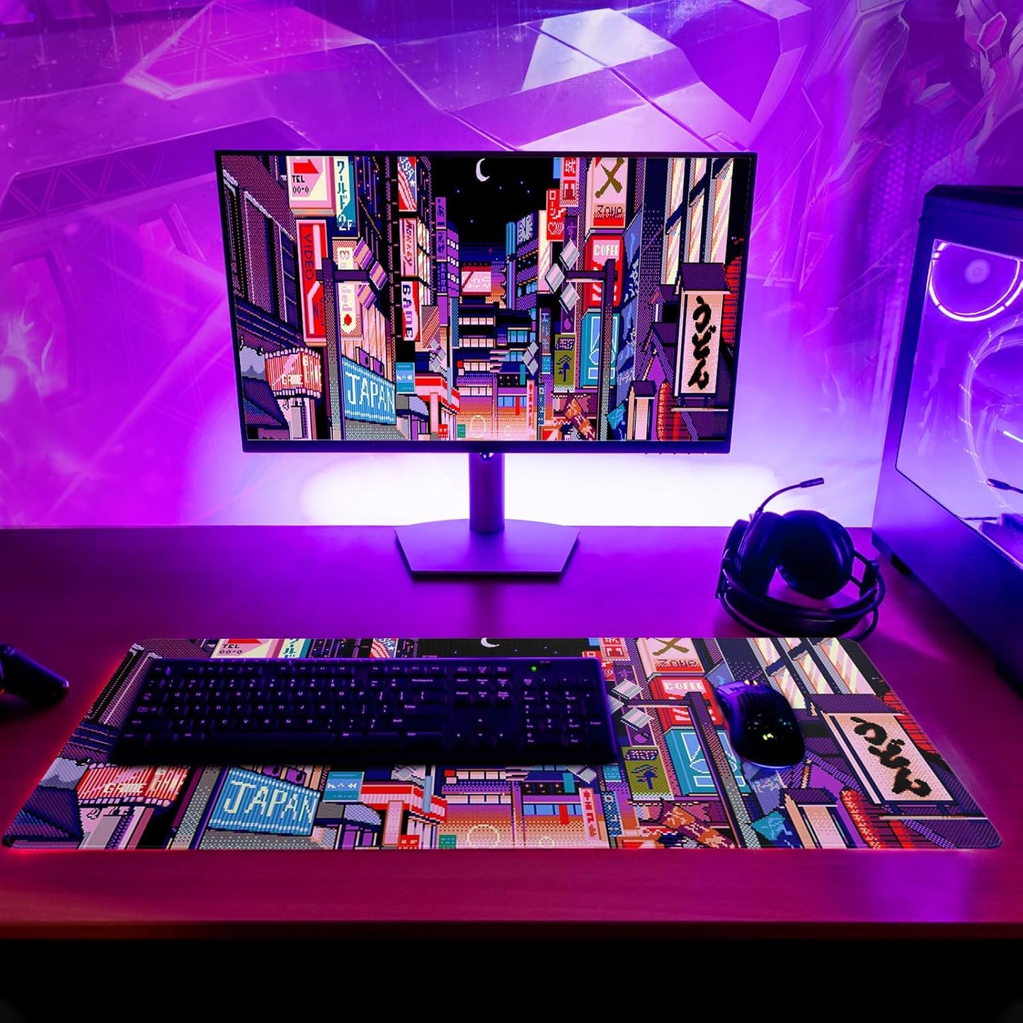 Dark Purple Japanese Gaming Mouse Pad Abstract Anime Mat 31.5x11.8 Inch Tokyo Pixel Street Texture Non-Slip Rubber Base Kawaii Mousepad Stitched Edges Keyboard Desk Pad for Office and Home Game