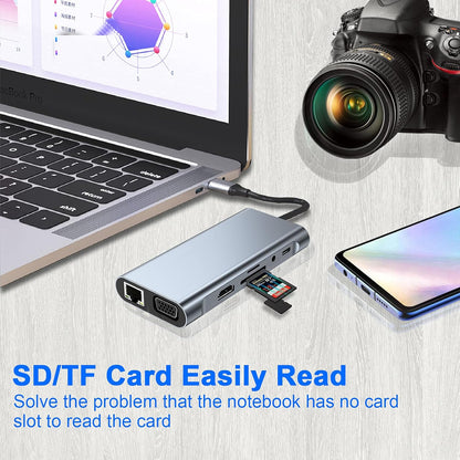 USB C HUB, USB C Adapter 11 in 1 Dongle with 4K HDMI, VGA, Type C PD, USB3.0, RJ45 Ethernet, SD/TF Card Reader, 3.5mm AUX, Docking Station Compatible with MacBook Pro/Air, Other Type C Laptops