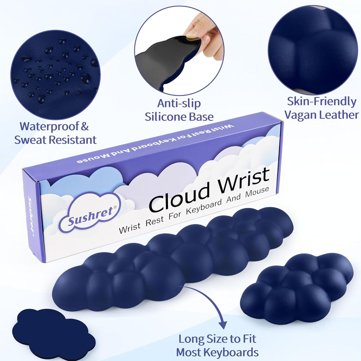 Cloud Wrist Rest Keyboard, Cloud Keyboard Wrist Pad Set with PU Leather Memory Foam, Cute Arm Rest for Palm Support, PC/Gaming Desk Accessories/Office Setup/Computer Hand Cushion - Dark Blue