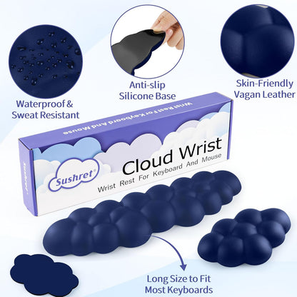 Cloud Wrist Rest Keyboard, Cloud Keyboard Wrist Pad Set with PU Leather Memory Foam, Cute Arm Rest for Palm Support, PC/Gaming Desk Accessories/Office Setup/Computer Hand Cushion - Dark Blue