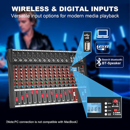 12 Channel Audio Mixer, Professional Music Mixer Board DJ Mixing Console with Bluetooth, USB/MP3 Player, Reverb, and 48V Phantom Power for Studio Recording, Karaoke, and Live Performances