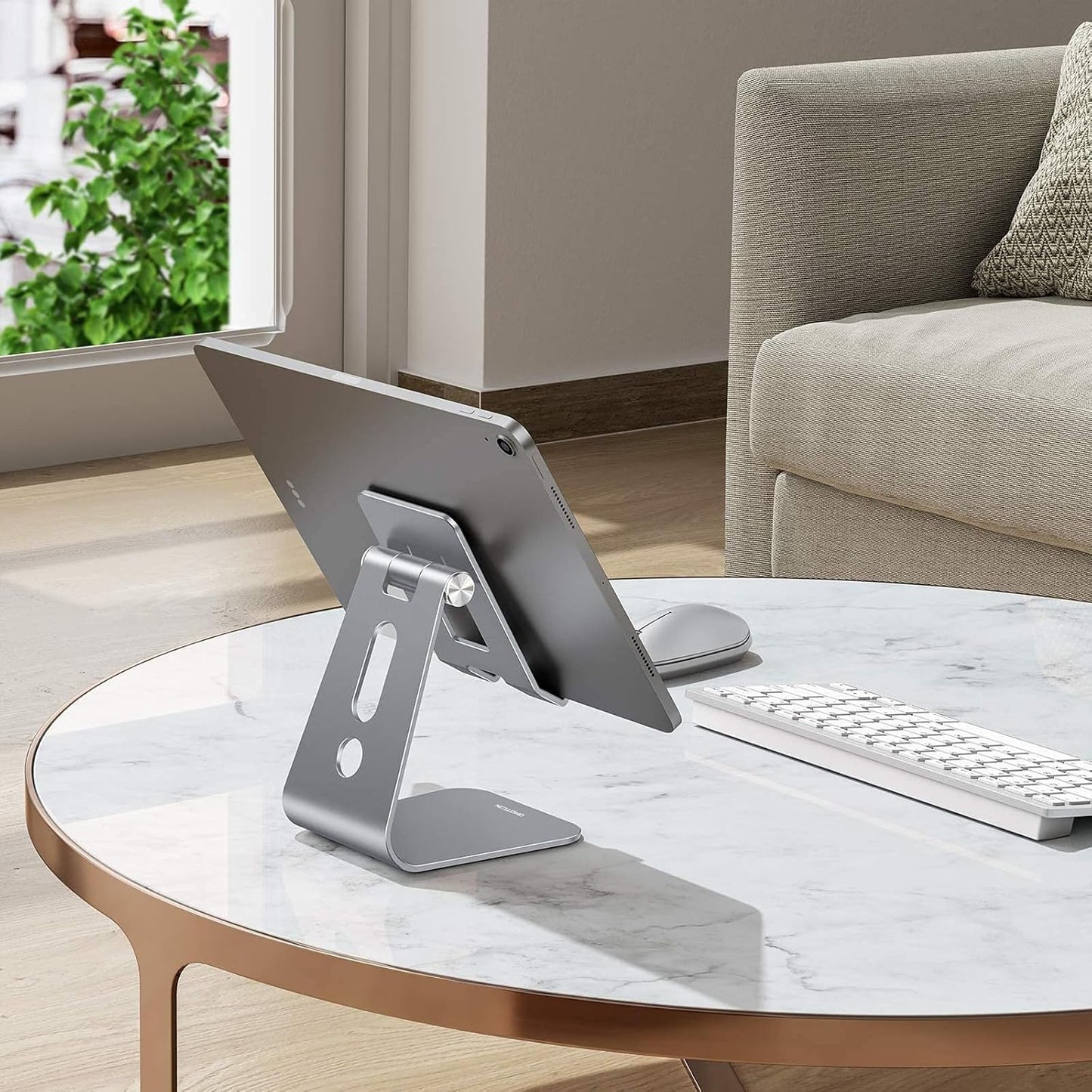OMOTON Adjustable Tablet Stand for Desk, Upgraded Longer Arms for Greater Stability, T2 Tablet Holder with Hollow Design for Bigger Sized Phones and Tablets Such as iPad Pro/Air/Mini, Grey