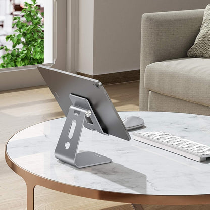 OMOTON Adjustable Tablet Stand for Desk, Upgraded Longer Arms for Greater Stability, T2 Tablet Holder with Hollow Design for Bigger Sized Phones and Tablets Such as iPad Pro/Air/Mini, Grey