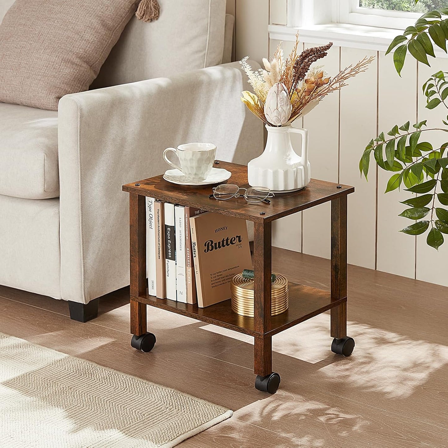 2 Tier Printer Stand with Storage,Under Desk Shelf Printer Table, Rolling Printer Cart for Office,Home,Brown